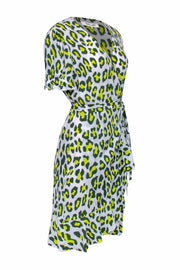 Current Boutique-Diane von Furstenberg - White, Green & Yellow Leopard Print Mini Wrap Dress Sz M