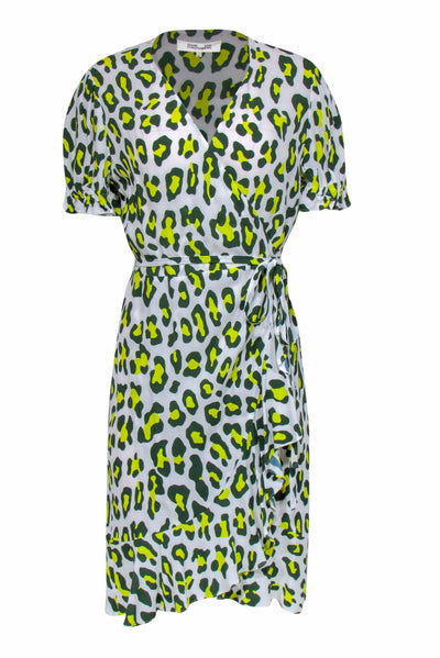 Current Boutique-Diane von Furstenberg - White, Green & Yellow Leopard Print Mini Wrap Dress Sz M