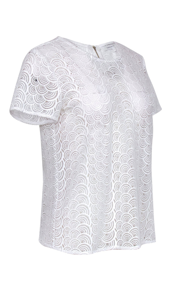 Current Boutique-Diane von Furstenberg - White Sheer Swirly Embroidered Short Sleeve Top Sz 6