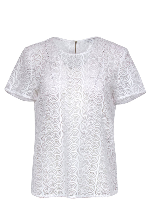 Current Boutique-Diane von Furstenberg - White Sheer Swirly Embroidered Short Sleeve Top Sz 6