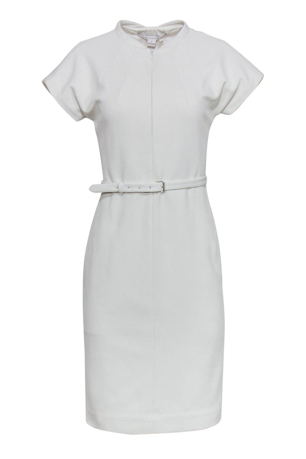 Current Boutique-Diane von Furstenberg - White Textured Zip-Up Dress w/ Belt Sz 6