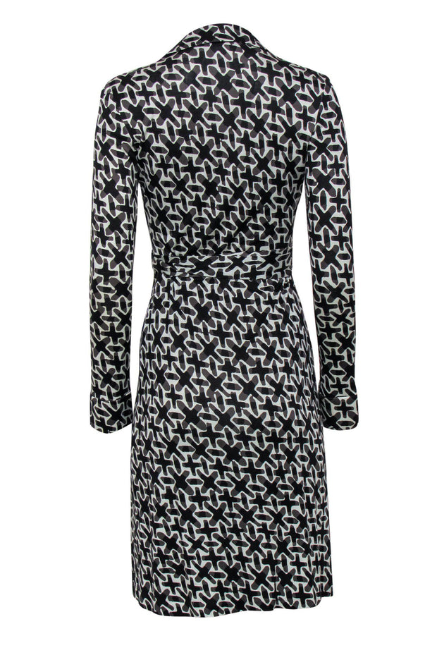 Current Boutique-Diane von Furstenberg - White w/ Black & Grey Cross Pattern Silk Wrap Dress Sz 4