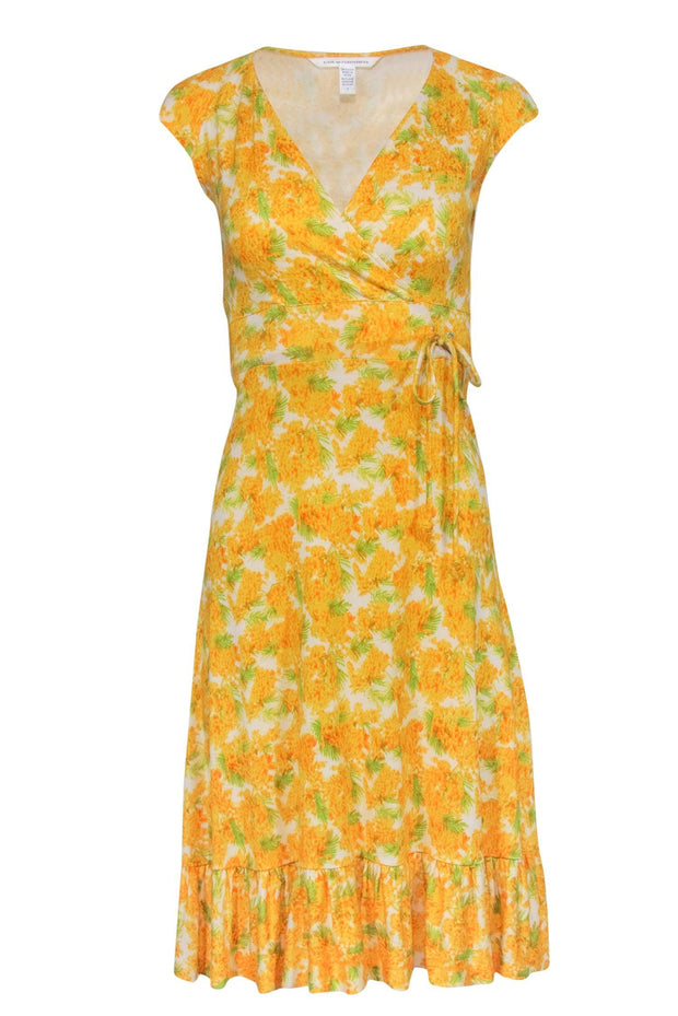 Current Boutique-Diane von Furstenberg - Yellow Floral Print Silk Faux Wrap Dress Sz 2