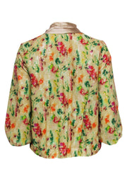 Current Boutique-Diane von Furstenberg - Yellow Sequin Floral Print Open Front Jacket w/ Pleated Lapels Sz 4
