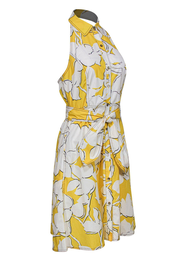 Current Boutique-Diane von Furstenberg - Yellow & White Floral Print Button-Up Collared Halter Dress Sz 6