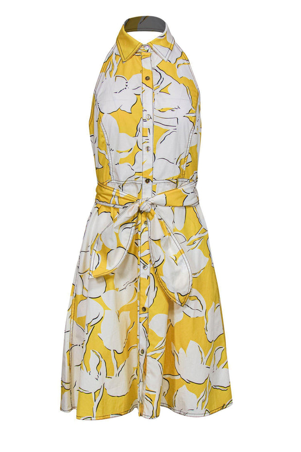 Current Boutique-Diane von Furstenberg - Yellow & White Floral Print Button-Up Collared Halter Dress Sz 6
