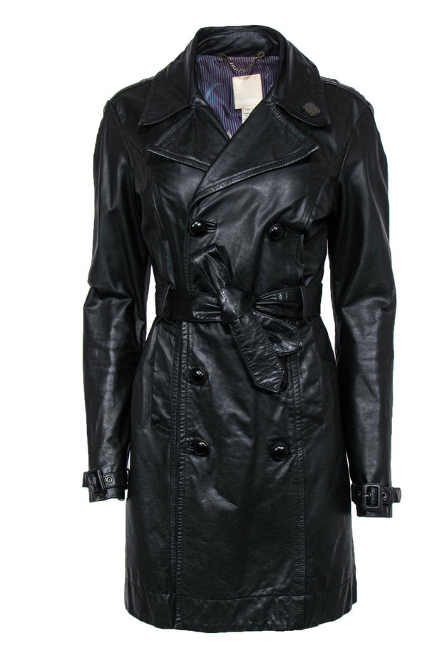 Current Boutique-Diesel - Black Double Breasted Leather Trench Coat Sz L