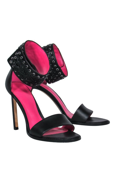 Current Boutique-Diesel - Black Leather Grommet Studded Ankle Strap Open Toe Heels Sz 7