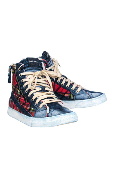Current Boutique-Diesel - Denim & Red Plaid High-Top Sneakers w/ Shearling Sz 7.5