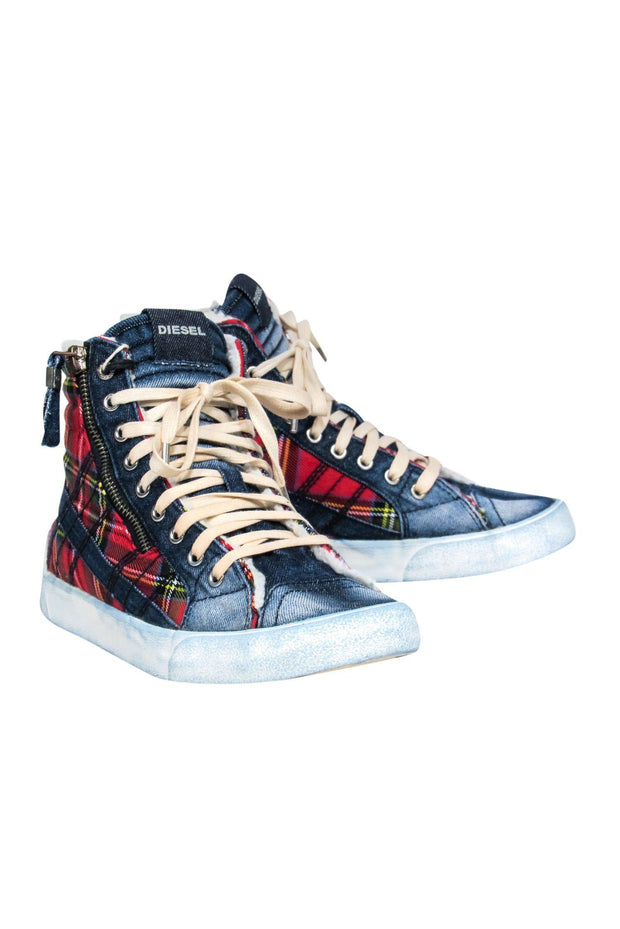 jeans Beliggenhed pludselig Diesel - Denim & Red Plaid High-Top Sneakers w/ Shearling Sz 7.5 – Current  Boutique
