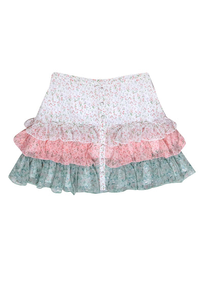 Current Boutique-Divine Heritage - White, Pink & Green Tiered Floral Print Miniskirt Sz S