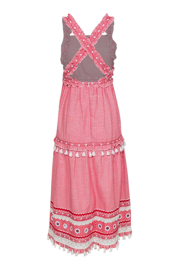 Current Boutique-Dodo Bar Or - Red & White Printed Ruffle "Joseff" Maxi Dress w/ Fringe Trim Sz S