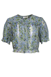 Current Boutique-Doen - Green & Blue Floral Cropped Puff Sleeve Blouse w/ Peter Pan Collar Sz S