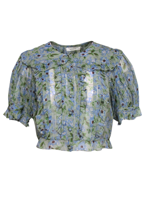 Current Boutique-Doen - Green & Blue Floral Cropped Puff Sleeve Blouse w/ Peter Pan Collar Sz S