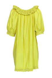 Current Boutique-Doen - Green Cotton Babydoll Dress w/ Eyelet Trim & Puff Sleeves Sz XL