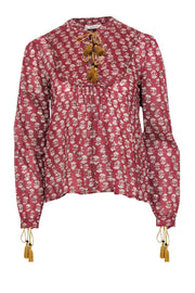 Current Boutique-Doen - Red & Cream Floral Print Long Sleeve Blouse w/ Tassels Sz S