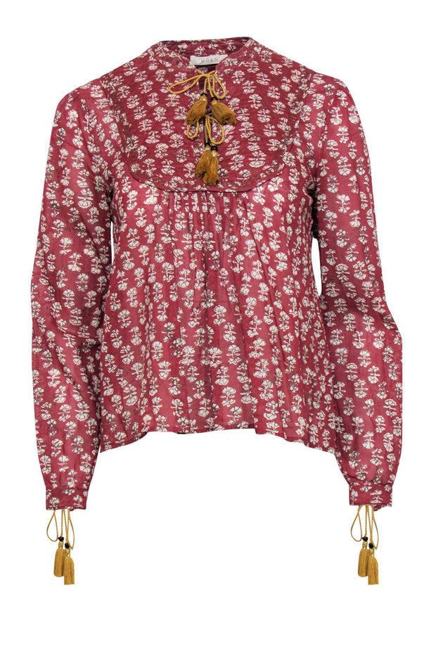 Current Boutique-Doen - Red & Cream Floral Print Long Sleeve Blouse w/ Tassels Sz S