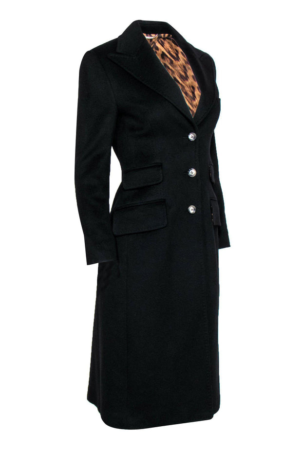 Current Boutique-Dolce & Gabbana - Black Button-Up Longline Cashmere Coat w/ Leopard Print Lining Sz 6