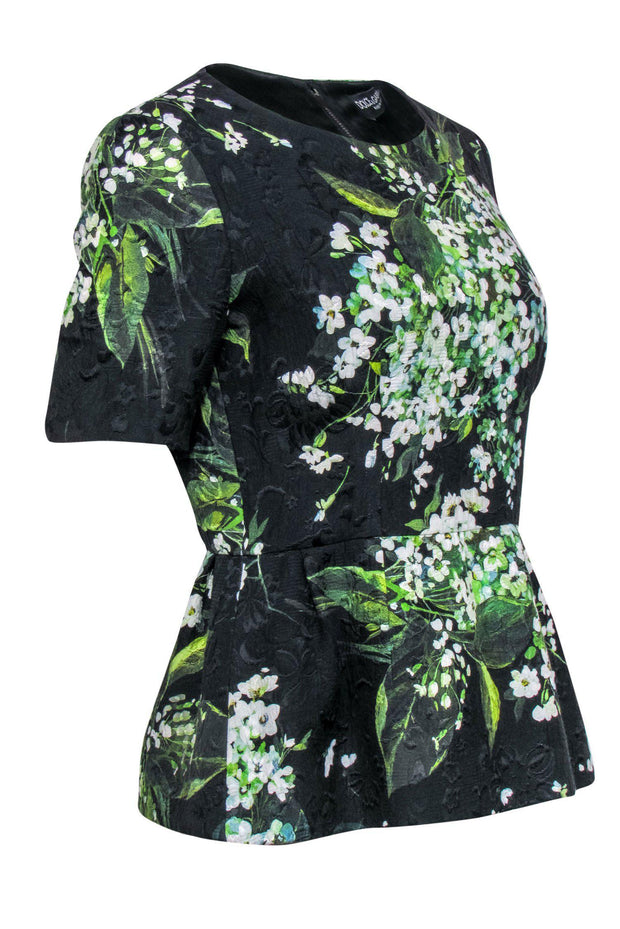 Current Boutique-Dolce & Gabbana - Black, Green & White Textured Floral Print Short Sleeve Peplum Top Sz 8