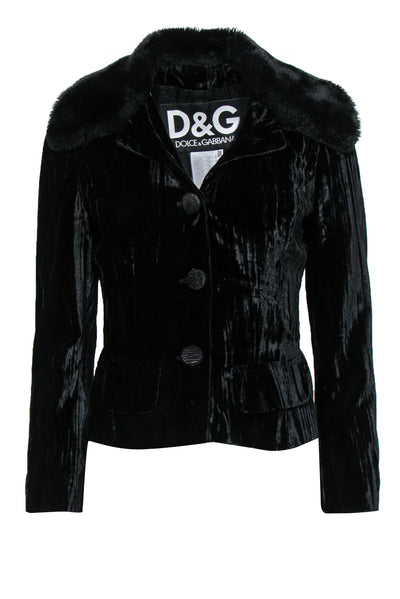 Current Boutique-Dolce & Gabbana - Black Velvet Button-Up Jacket w/ Faux Fur Collar Sz 4