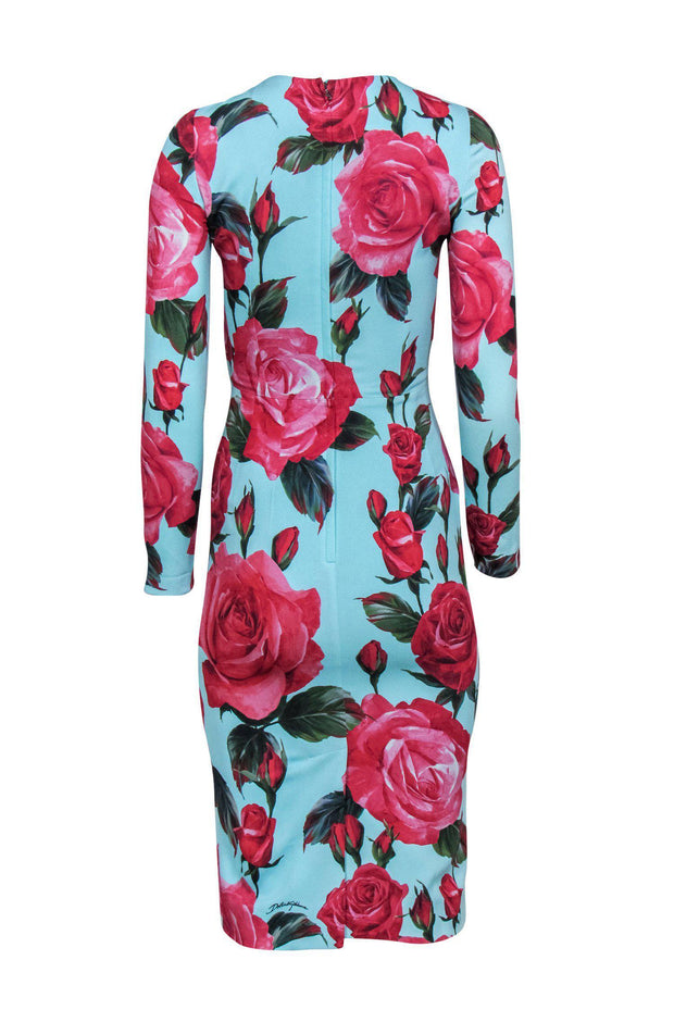 Current Boutique-Dolce & Gabbana - Blue Long Sleeve Midi Dress w/ Pink Rose Print Sz 0