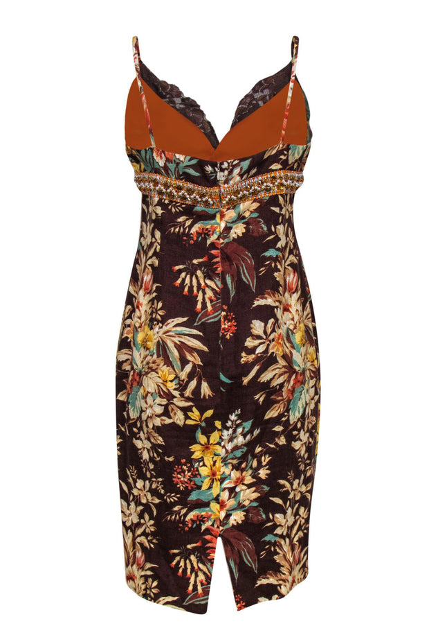 Current Boutique-Dolce & Gabbana - Brown Floral Print Sheath Dress w/ Jeweled Waistband Sz 12