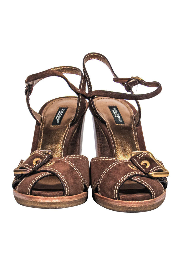 Current Boutique-Dolce & Gabbana - Brown Suede Open Toe Heels w/ Buckles Sz 11