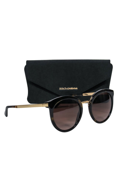 Current Boutique-Dolce & Gabbana - Brown Tortoise Shell Round Sunglasses w/ Gold Trim
