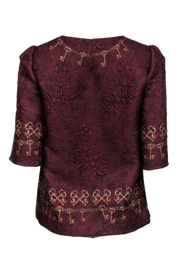 Current Boutique-Dolce & Gabbana - Maroon Brocade Printed Boxy Short Sleeve Top Sz 8