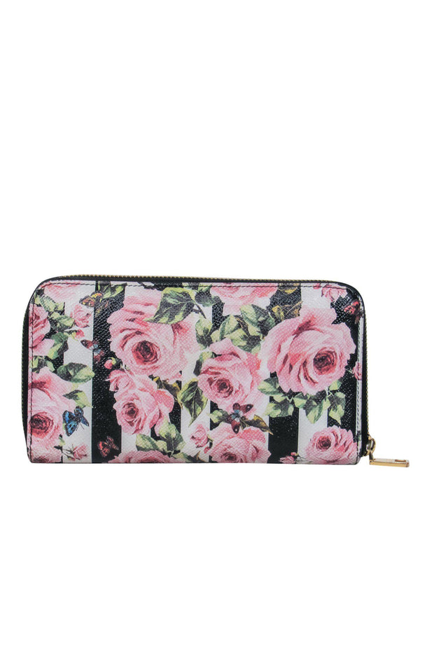 Current Boutique-Dolce & Gabbana - Pink, Black & White Striped & Floral Print Zippered Leather Wallet