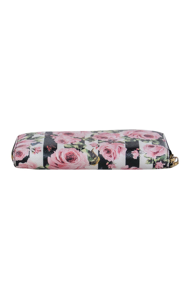 Current Boutique-Dolce & Gabbana - Pink, Black & White Striped & Floral Print Zippered Leather Wallet