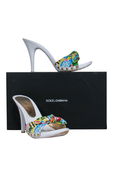 Current Boutique-Dolce & Gabbana - White Leather & Tropical Printed Mule Sandals Sz 10