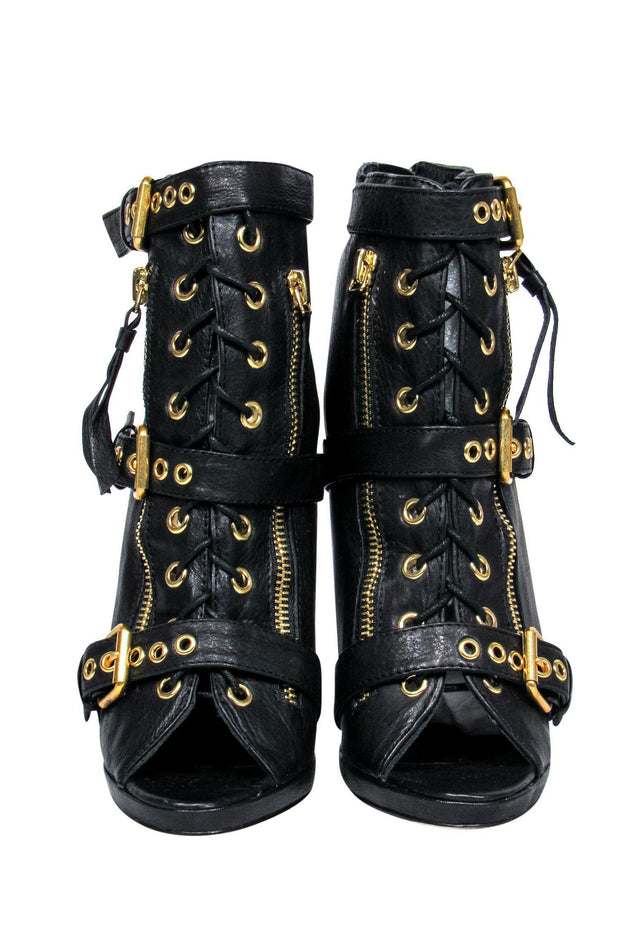 Current Boutique-Dolce Vita - Black Leather Lace-Up Open Toe Heeled Booties w/ Gold Details Sz 6