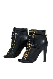 Current Boutique-Dolce Vita - Black Leather Lace-Up Open Toe Heeled Booties w/ Gold Details Sz 6