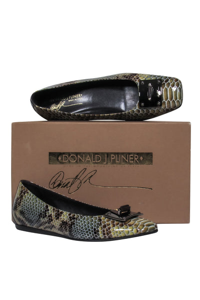 Current Boutique-Donald J Pliner - Green & Brown Patent Leather Snakeskin Print Flats Sz 7.5