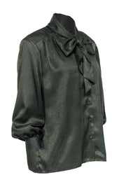 Current Boutique-Doncaster - Army Green Textured Button-Up Blouse w/ Neck Tie Sz 10