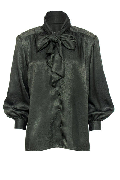 Current Boutique-Doncaster - Army Green Textured Button-Up Blouse w/ Neck Tie Sz 10