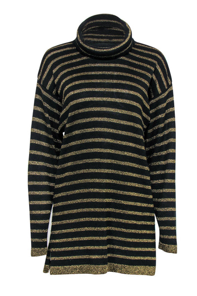Current Boutique-Doncaster - Black & Gold Striped Longline Knit Turtleneck Sweater Sz M