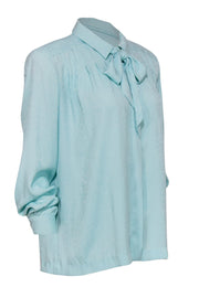 Current Boutique-Doncaster - Blue Brocade Textured Button-Up Blouse w/ Neck Tie Sz 12