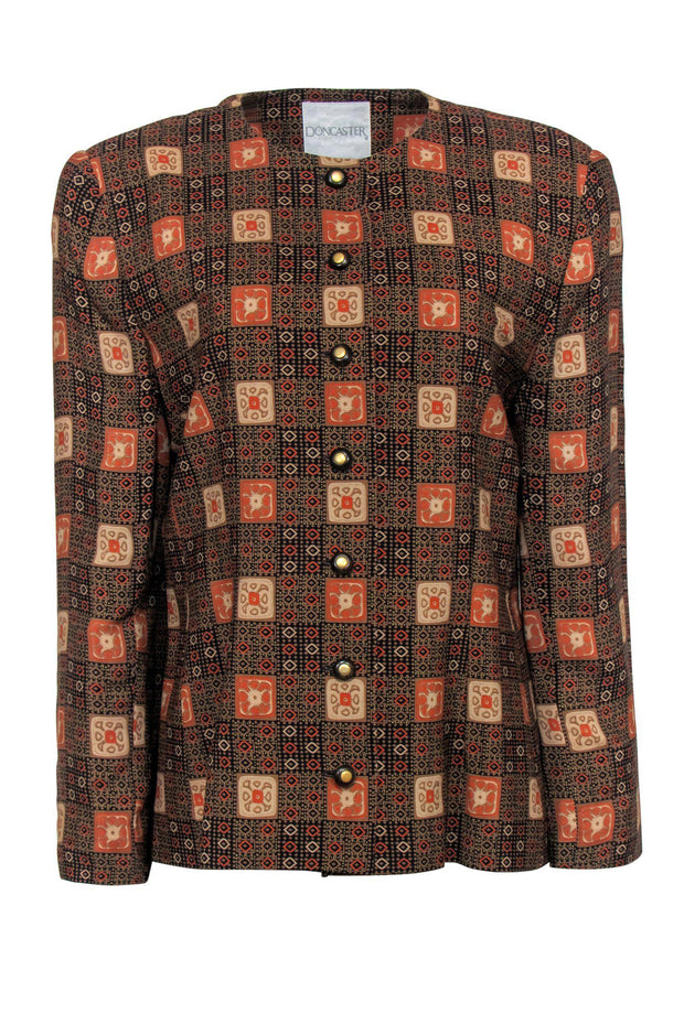 Current Boutique-Doncaster - Brown, Black & Orange Bohemian Print Button-Up Blazer Sz 12
