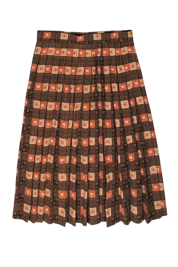 Current Boutique-Doncaster - Brown, Black & Orange Bohemian Print Pleated Midi Skirt Sz 14