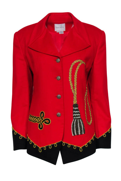 Current Boutique-Doncaster - Red Wool Trimmed Blazer w/ Embroidery & Beaded Tassel Sz 12