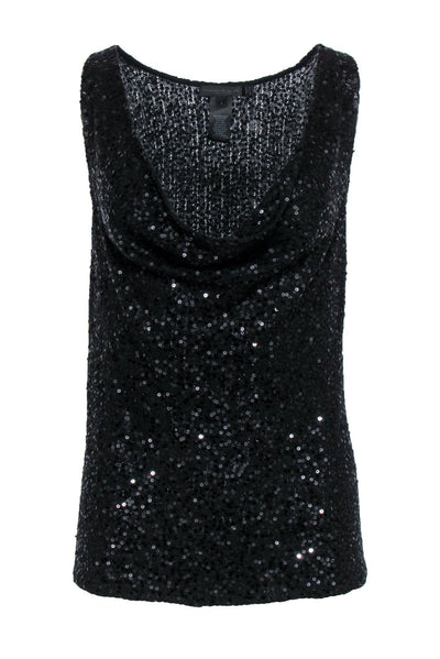 Current Boutique-Donna Karan - Black Sequin Knit Cowl Neck Tank Sz S