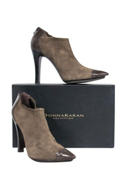 Current Boutique-Donna Karan - Taupe & Brown Suede Heeled Booties w/ Patent Leather Trim Sz 7