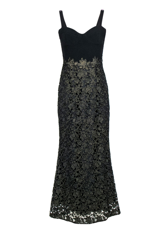 Current Boutique-Dress the Population - Black & Gold Lace Bustier Column Gown Sz M