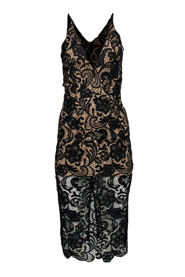 Current Boutique-Dress the Population - Black & Nude Lace Plunge Gown Sz S