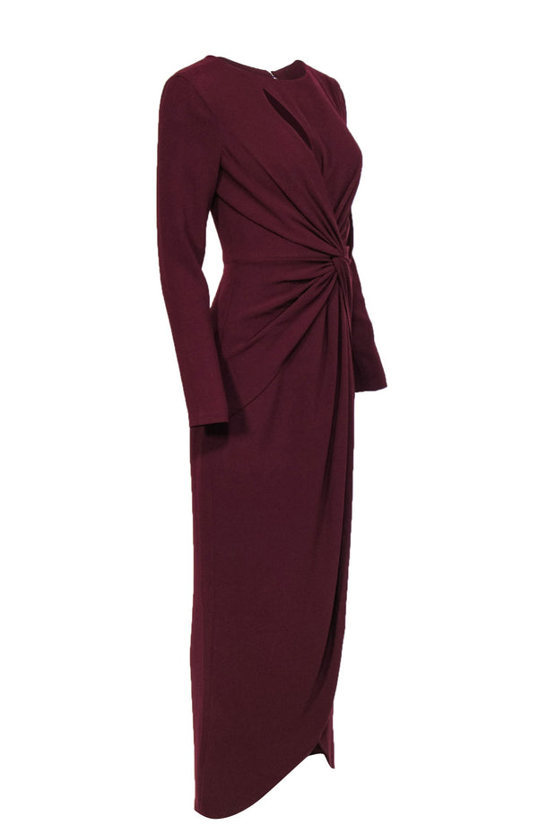 Current Boutique-Dress the Population - Burgundy Long Sleeve Knotted Draped Gown w/ Cutout Sz S