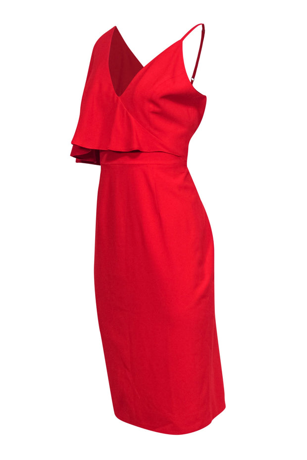Current Boutique-Dress the Population - Red Fitted Midi Dress w/ One Shoulder Ruffle Sz M