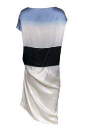 Current Boutique-Dries Van Noten - Cream, Black & Blue Colorblocked Silk Midi Dress w/ Ruched Side Sz 10
