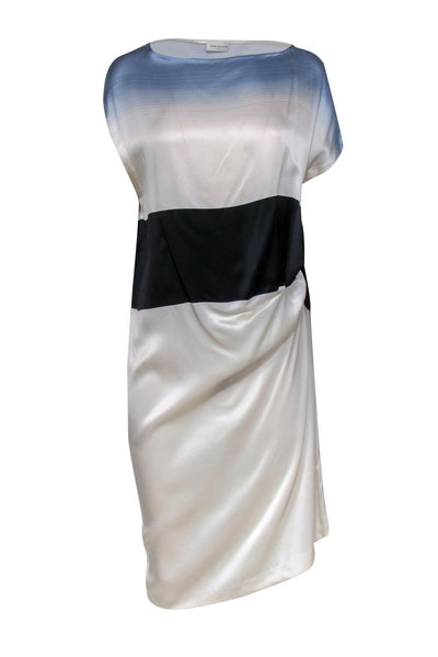 Current Boutique-Dries Van Noten - Cream, Black & Blue Colorblocked Silk Midi Dress w/ Ruched Side Sz 10